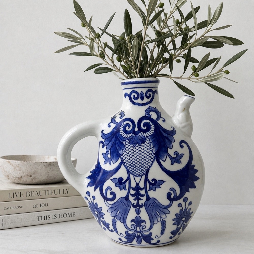HD Designs Blue & White Ceramic Folk Art Pitcher Vase Bird Floral Motif Vintage